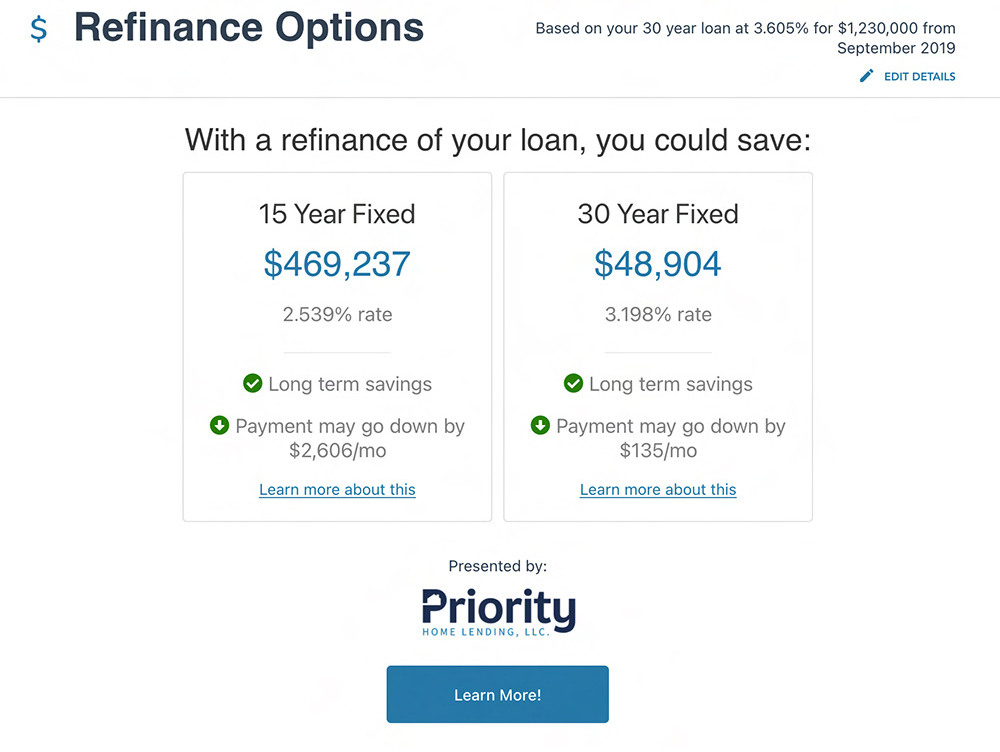 Example of refinance options based on your Home Valuation